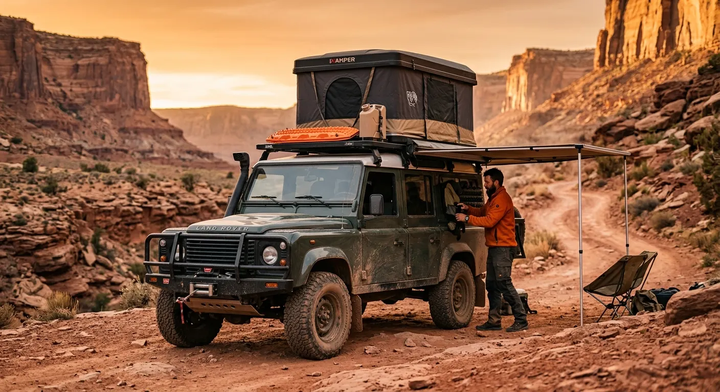 Loaded overland 4x4 rig with rooftop tent at golden hour in a desert canyon